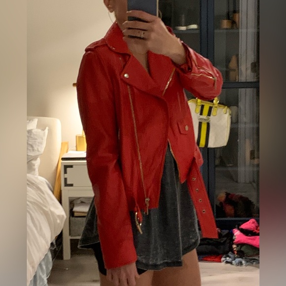 Like new Michael Kors red leather moto jacket - Picture 9 of 12